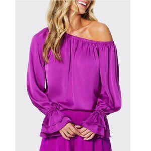 NWT Ramy Brook NY Purple Murphy Satin Off Shoulder Ruffle Sleeve Blouse, Size XS
